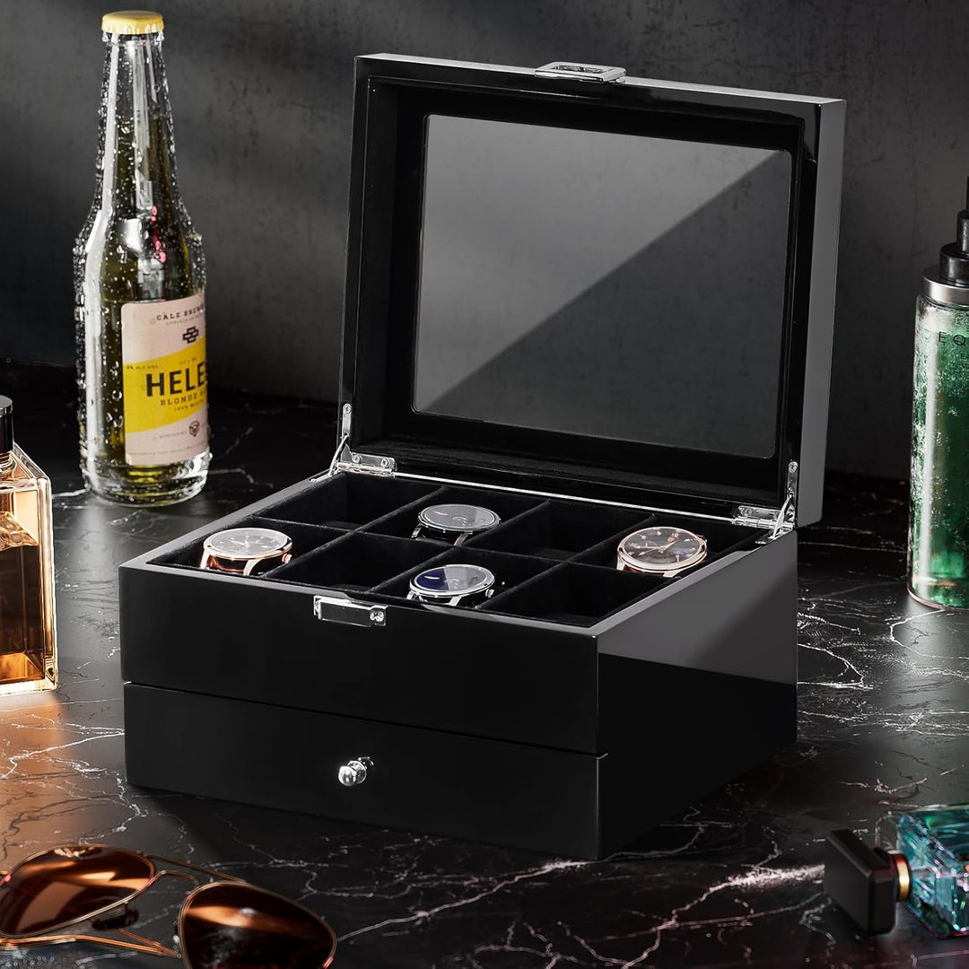 ProCase Uhrenbox mit 8 Fächern, Uhrenkasten Uhrenkoffer mit Glasdeckel Uhrenkissen, Uhrenschatulle f