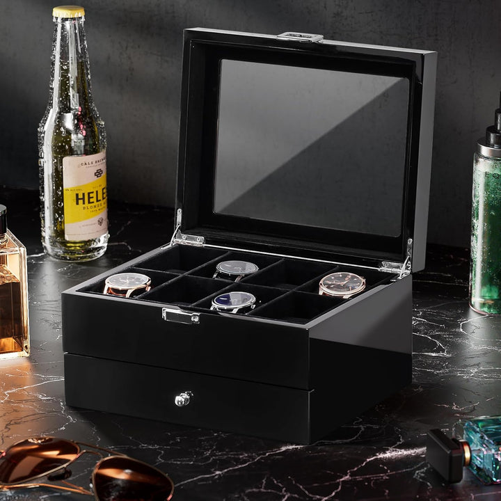 ProCase Uhrenbox mit 8 Fächern, Uhrenkasten Uhrenkoffer mit Glasdeckel Uhrenkissen, Uhrenschatulle f