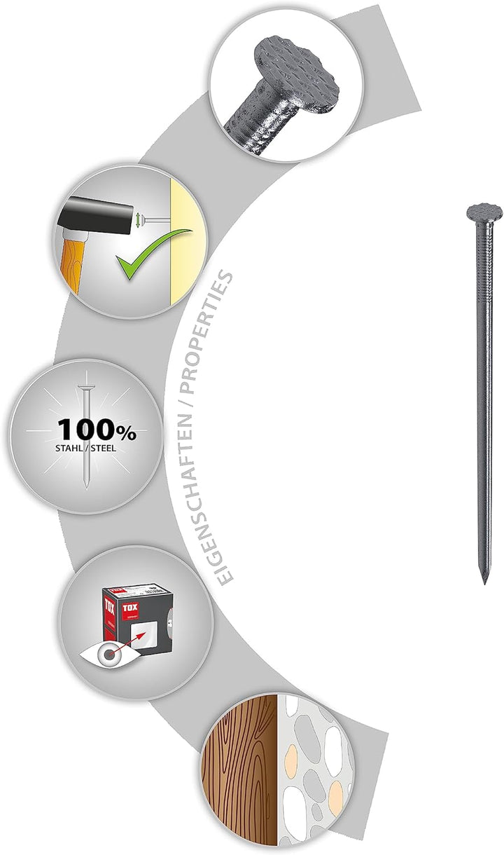 TOX Drahtstifte Nails 1,6x30 mm mit Senkkopf für einfache Holzverbindungen und ebene Flächen, univer