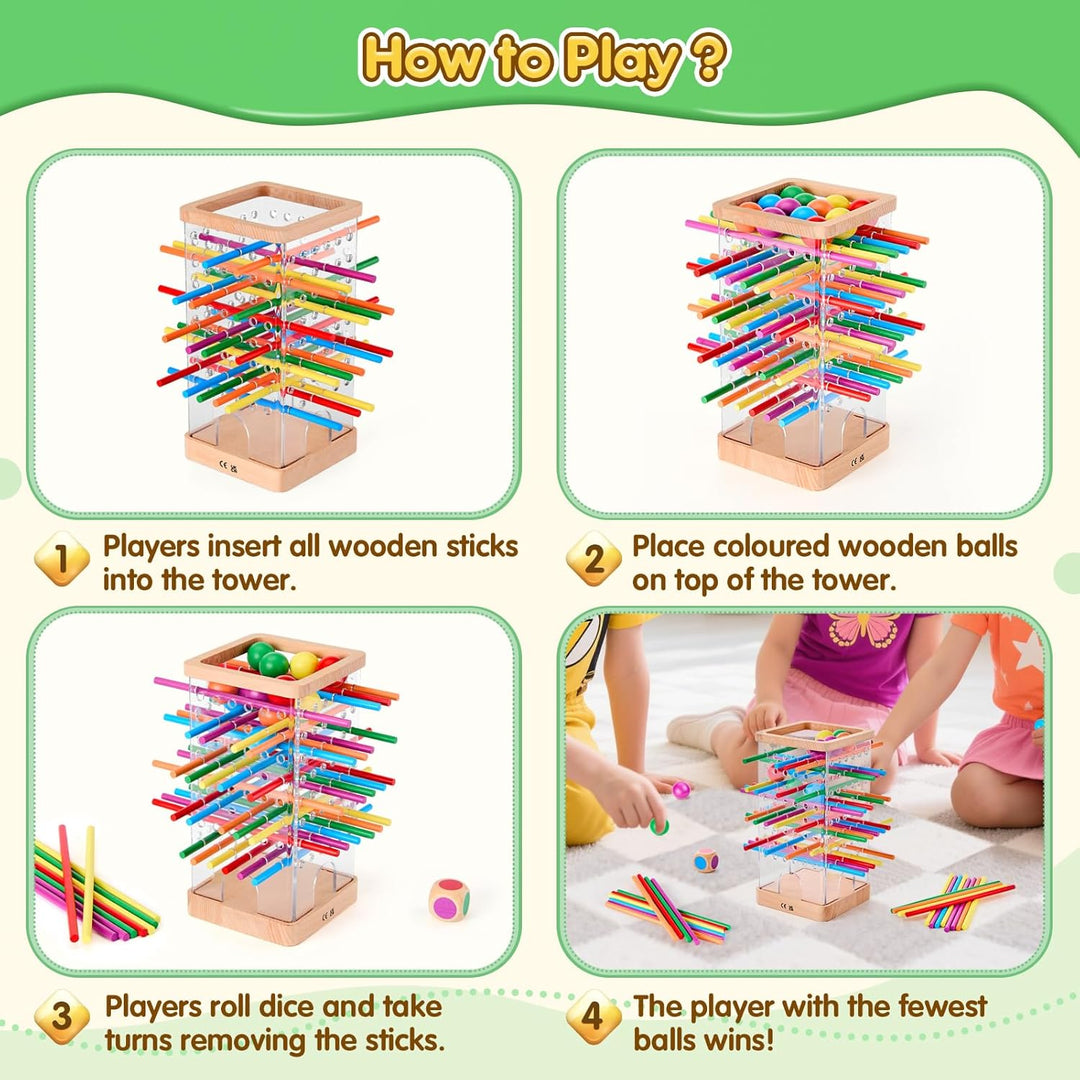 Montessori Spiel Brettspiel aus Holz, 48 Bunte Stäbchen Würfelspiel zur Feinmotorik & Mathe, Lernspi