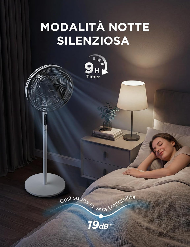 Midea Leiser Standventilator FS35-26XRDSE(BW) DC-Motor, 8 Flügel, 9 Geschwindigkeitsstufen, Oszillat