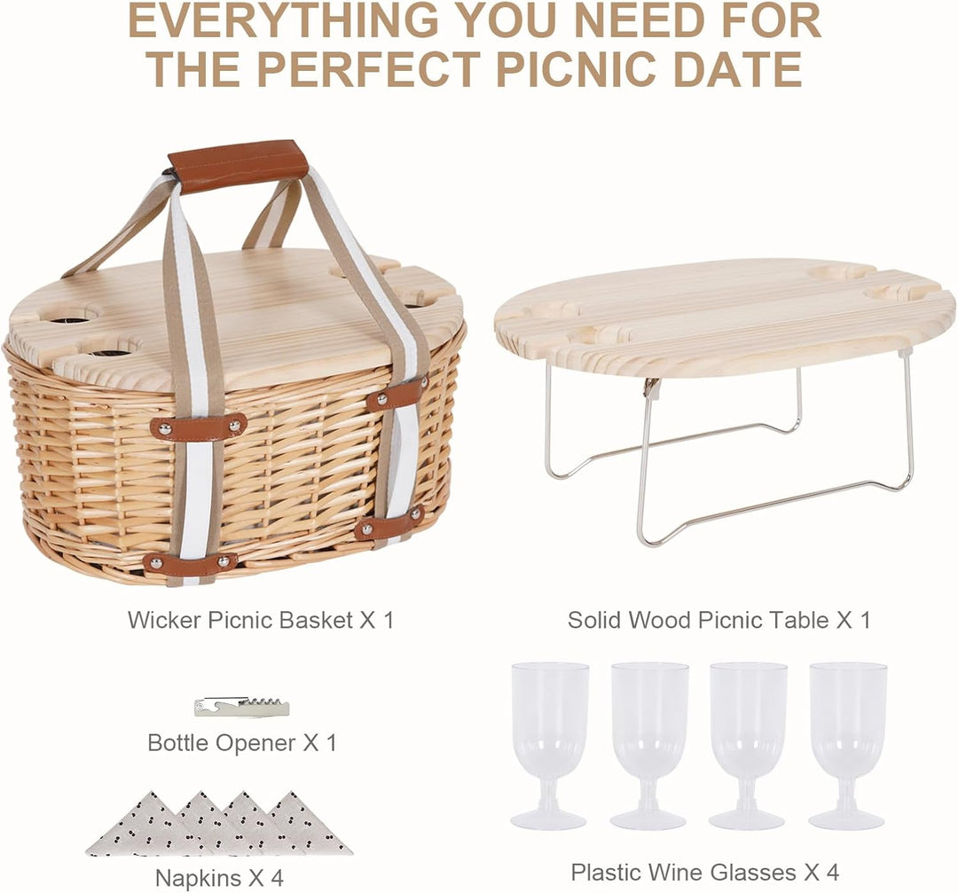 Picknickkorb-Set für 4 Personen – Isolierter Weidenkorb mit klappbarem Weintisch, Picknickset mit In