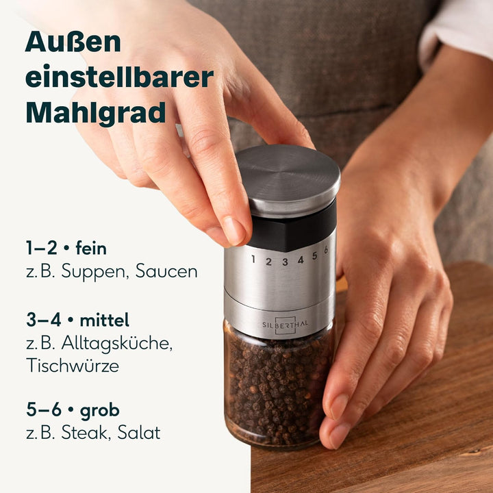 SILBERTHAL Pfeffer- & Salzmühle 2er Set – Mit aussenliegendem Einstellring - 6-Stufen-Mahlwerk, lang