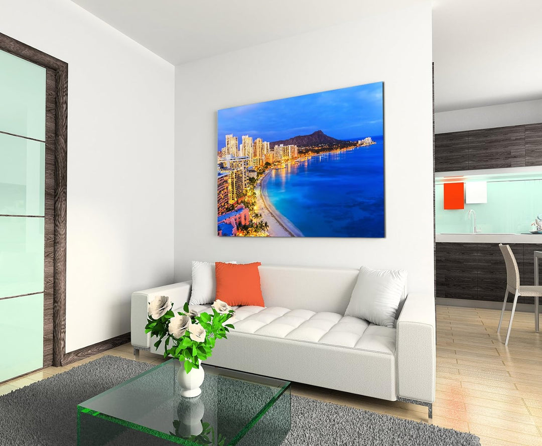 Paul Sinus Art Kunstfoto auf Leinwand 60x40cm Urbane Fotografie – Honolulu Skyline mit Vulkan auf Le