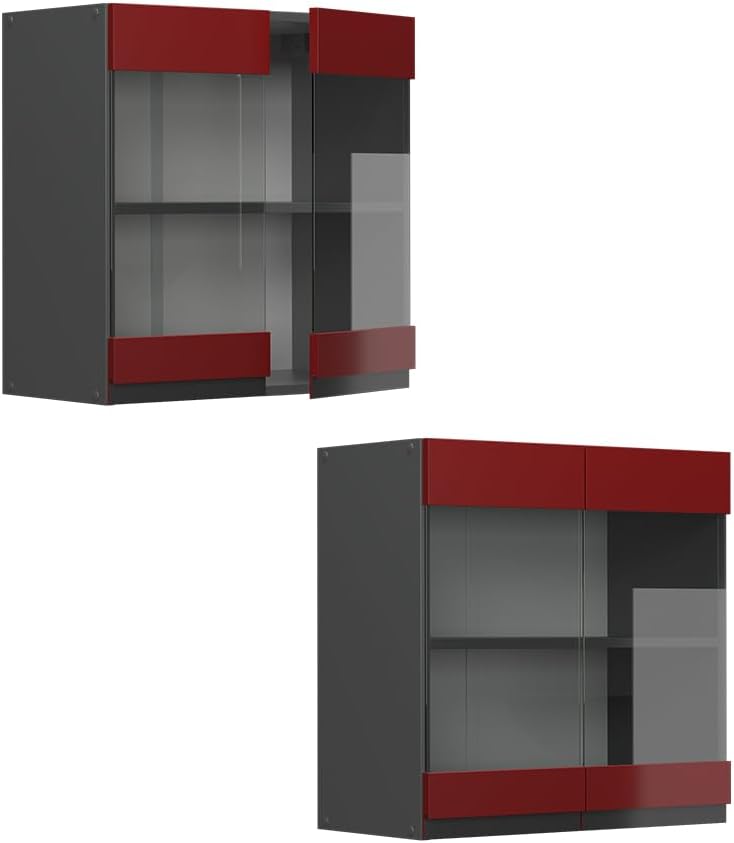 Vicco Küchenschrank Glas R-Line, Rot/Anthrazit, 60 cm J-Shape Rot Hängeglasschrank 60 cm, Rot Hängeg