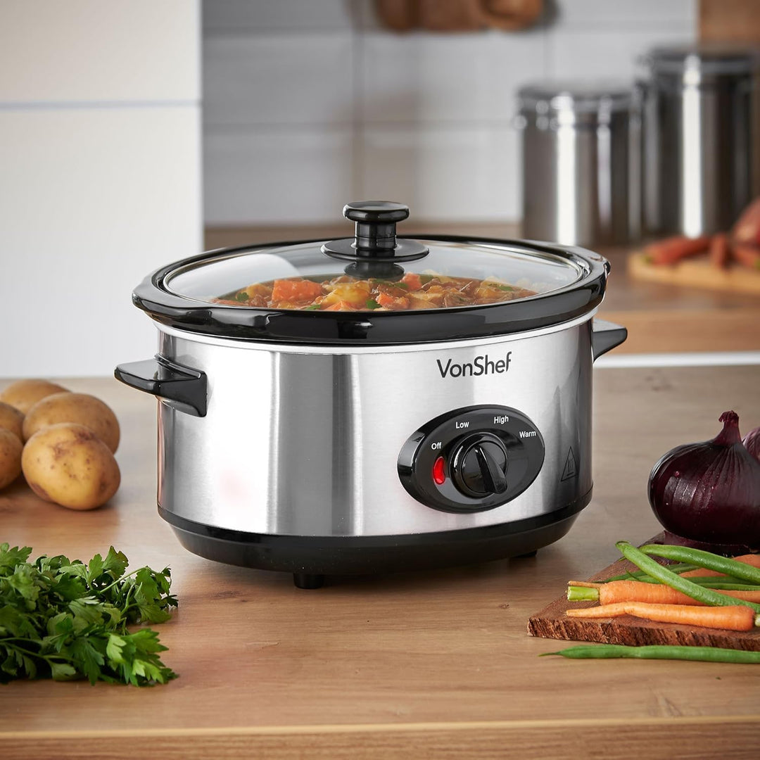 VonShef Schongarer Slow Cooker 3,5L mit Glasdeckel – Edelstahl