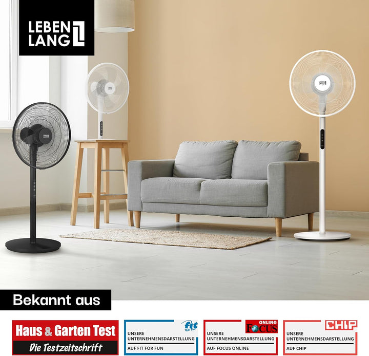 LEBENLANG Stand Ventilator leise - Mit Fernbedienung & LED-Display & 5 Modi I Oszillierend Energiesp