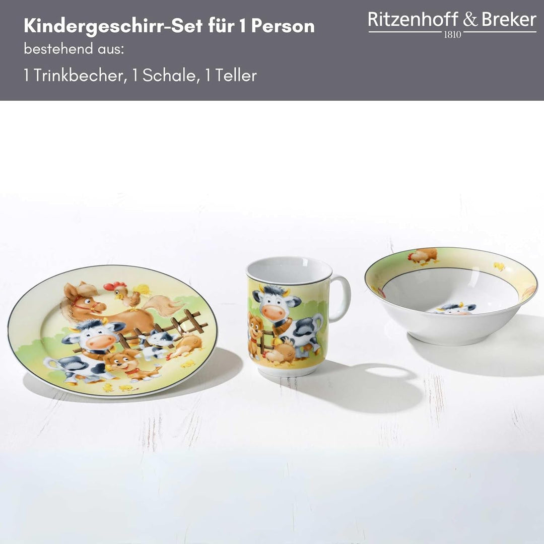 Ritzenhoff & Breker Kindergeschirr-Set Hoftiere 3-teilig | Kinderbecher (270 ml), Teller (19 cm) und