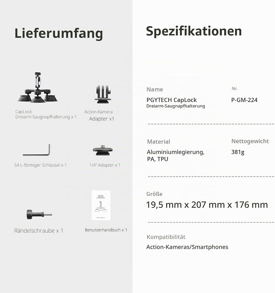 PGYTECH CapLock Dreifach-Saughalterung für DJI OSMO Action 4/3/2, Gopro Hero 12/11/10/9 mit 1/4"-20