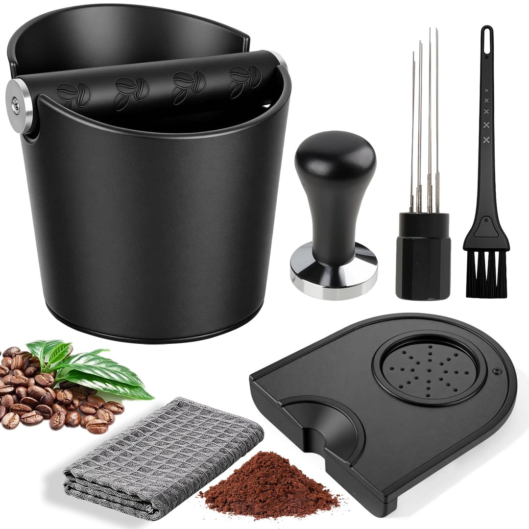Abklopfbehälter für Siebträger Set, 6PCS Kaffeesatz Abschlagbehälter mit Tampermatte, Kaffeestampfer