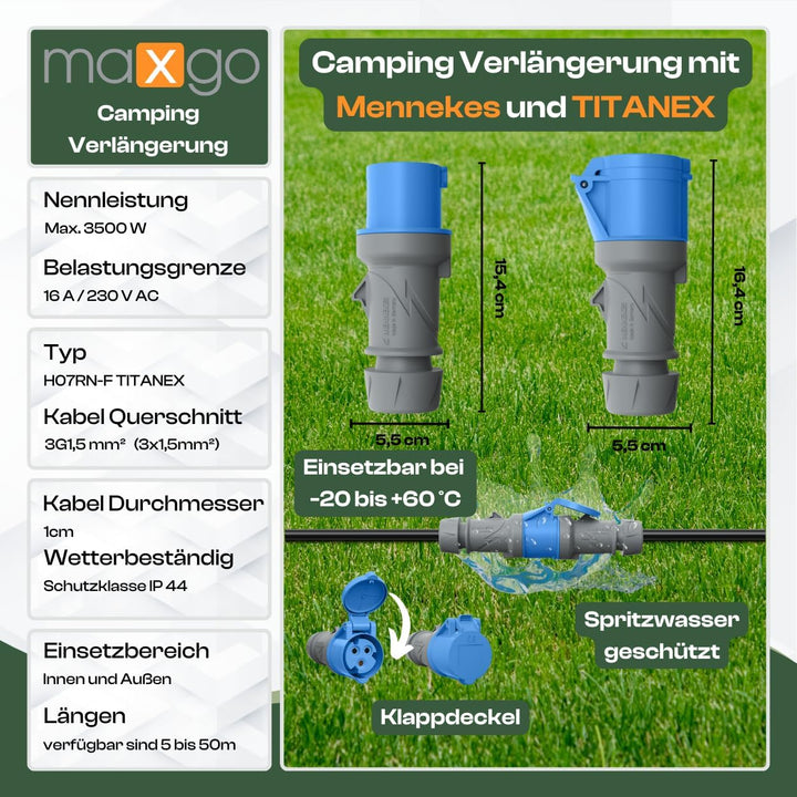 netbote24 Profi CEE Verlängerunskabel Camping Caravan TITANEX Kabel 3x1,5 mm² mit MENNEKES Stecker 1