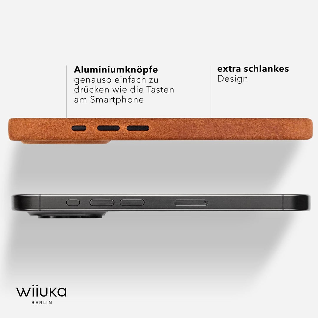 WIIUKA Hülle für iPhone 15 Pro, Leder aus Deutschland, Lederhülle extra Dünn, Premium Handyhülle, Ca