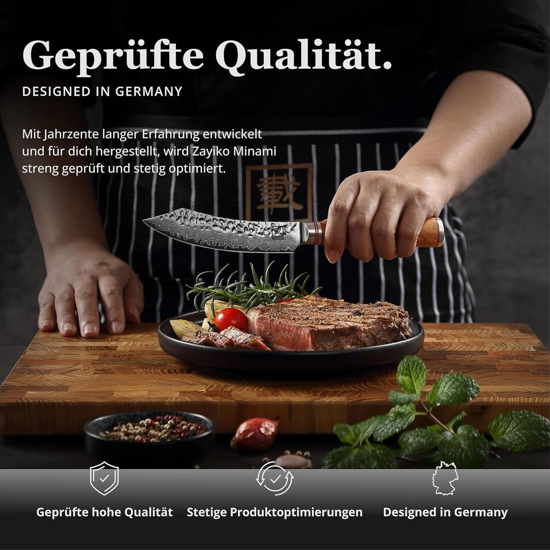 zayiko Minami Damast Steakmesser mit 12 cm Klinge aus 67 Lagen Damaststahl, VG10 Kern, Hammerschlag,