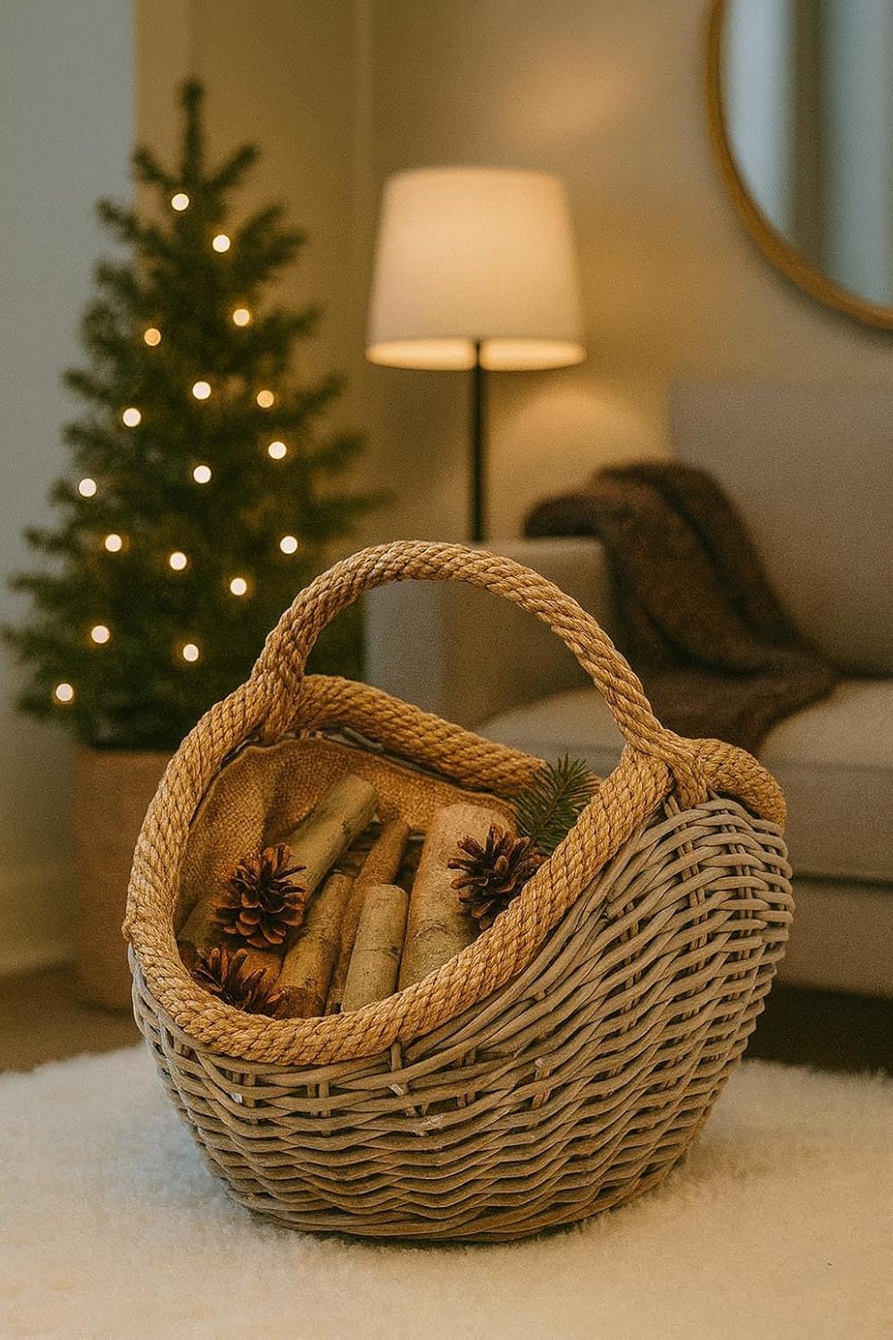Kobolo Kaminholzkorb Holztrage Holzkorb für Kaminholz -Rattan- mit abnehmbarem Stoff aus Jute