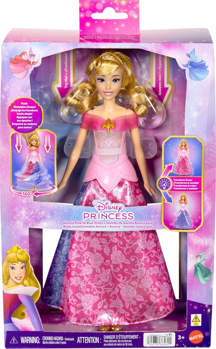 Mattel Disney Princess Aurora-Modepuppe mit leuchtendem Oberteil und Kleid mit Farbwechsel von rosa