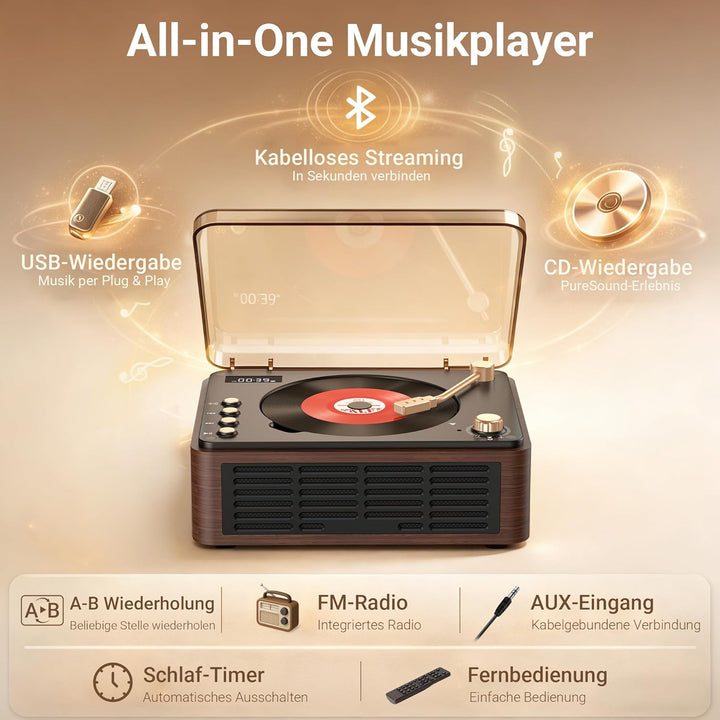POFOTO Tragbarer CD-Player mit Bluetooth 5.3, langlebigem Akku, LCD-Display, unterstützt USB/AUX/Rad