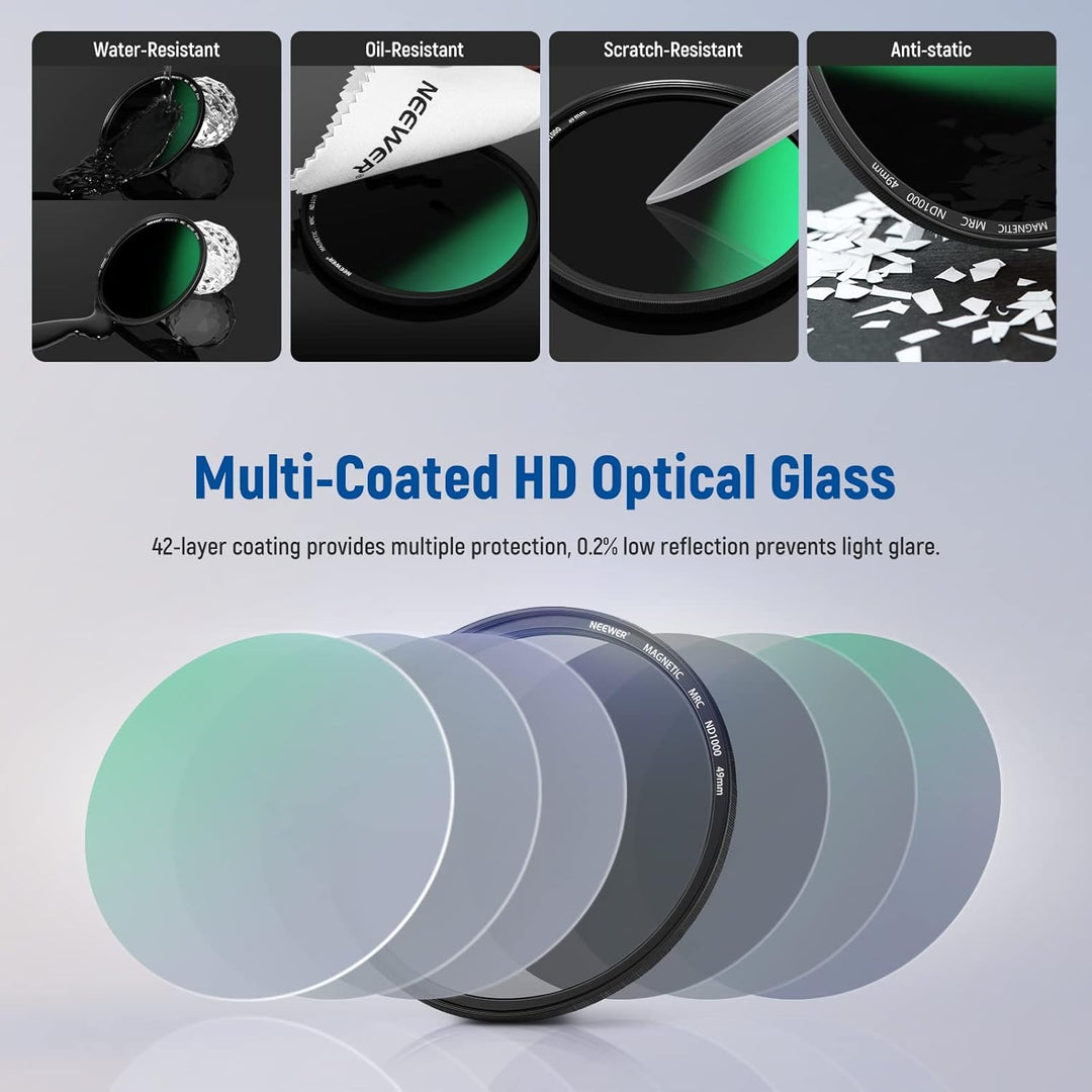 NEEWER 49mm 4 in 1 Magnetisches ND Filter Set mit Graufilter ND1000 Filter +MCUV+CPL+Adapterring 42