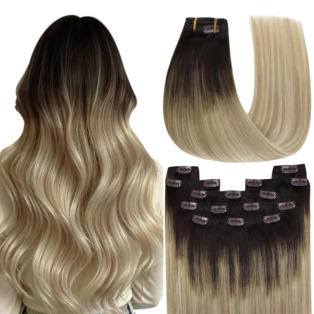 YoungSee Echthaar Extensions Clip Balayage Clip in Extensions Echthaar Braun Blond 35cm Extensions C