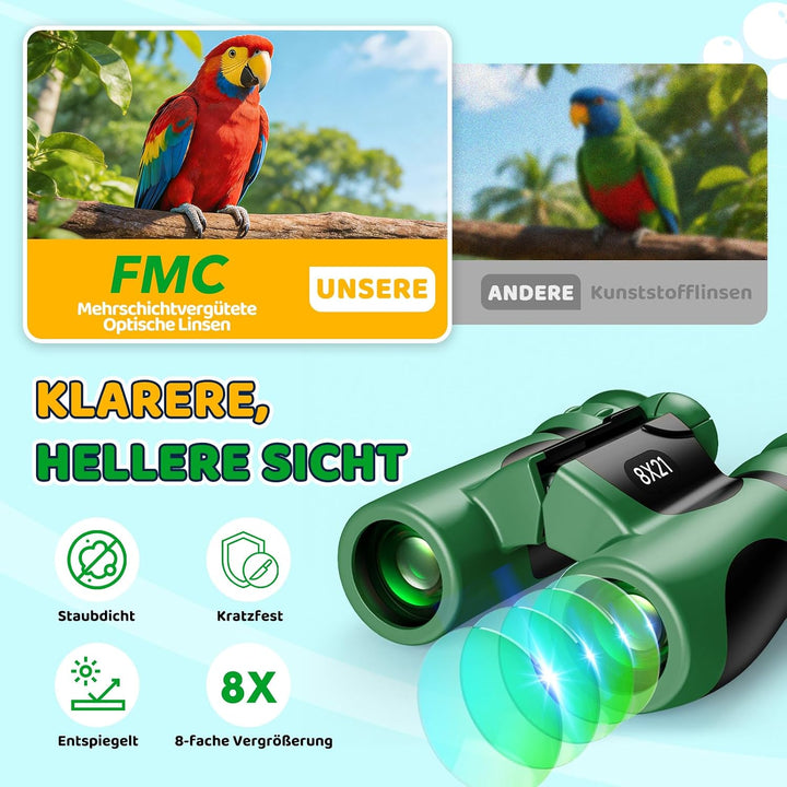 GeschenPark Fernglas Abenteuer Set mit Entdeckungskarten – Kompass – Lupe, Grün 8X-Grün, 8X-Grün