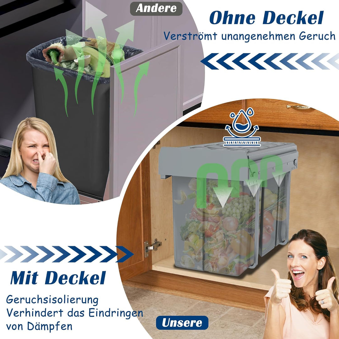 NAIZY Mülltrennsystem ausziehbar Mülleimer Küche 3-Fächer Abfalleimer einbau Unterschrank mit Telesk