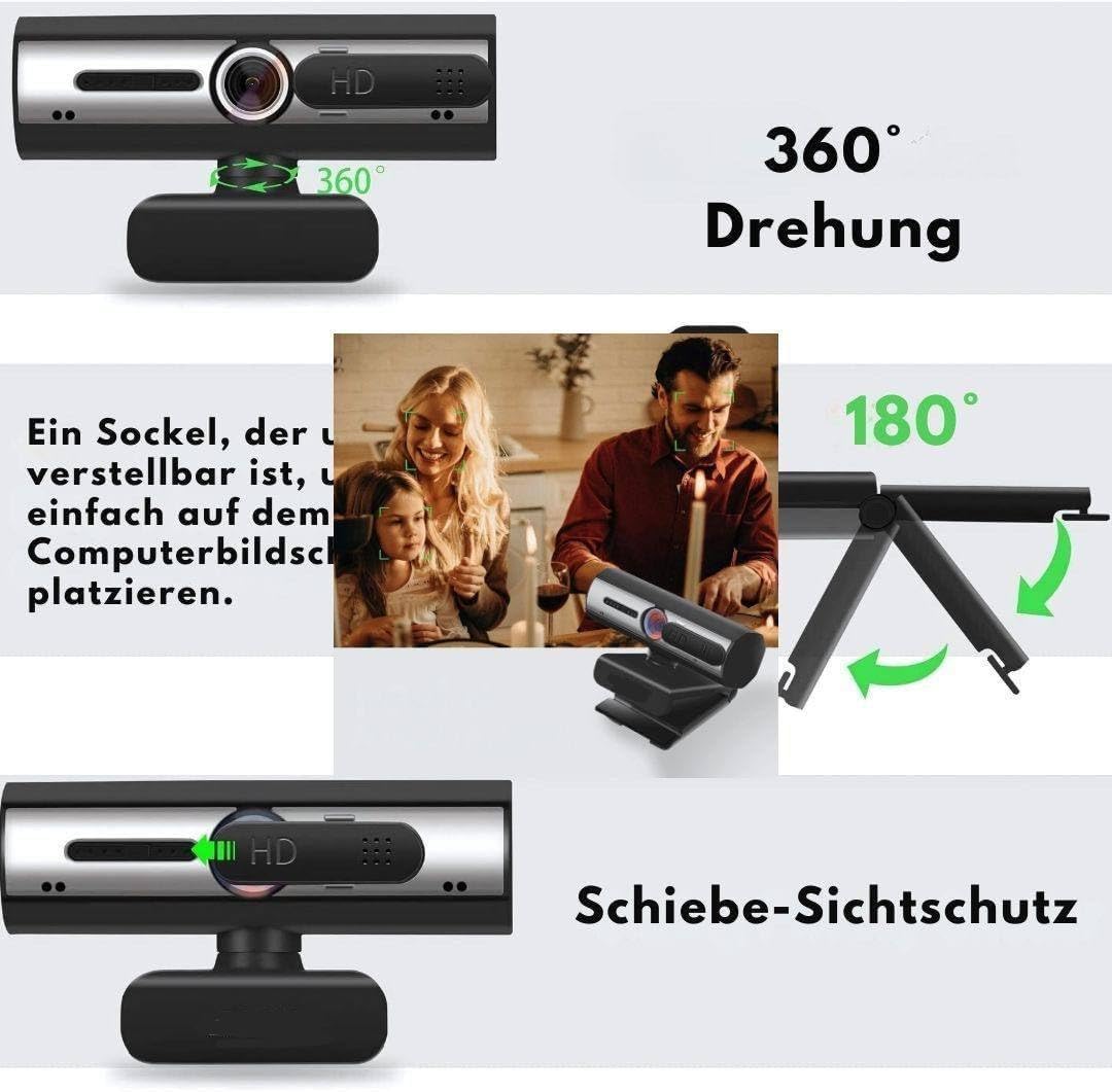 Full HD Webcam mit Autofokus, 4x Digitalzoom, Weitwinkelobjektiv, Dual Noise-Cancelling Mikrofon, Au