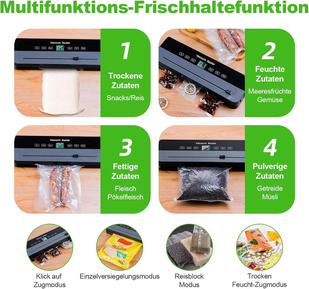 Vakuumiergerät, 65 kPa Präzisionssaugleistung, 7-in-1-Lebensmittelversiegeler mit 10 Vakuumbeuteln u