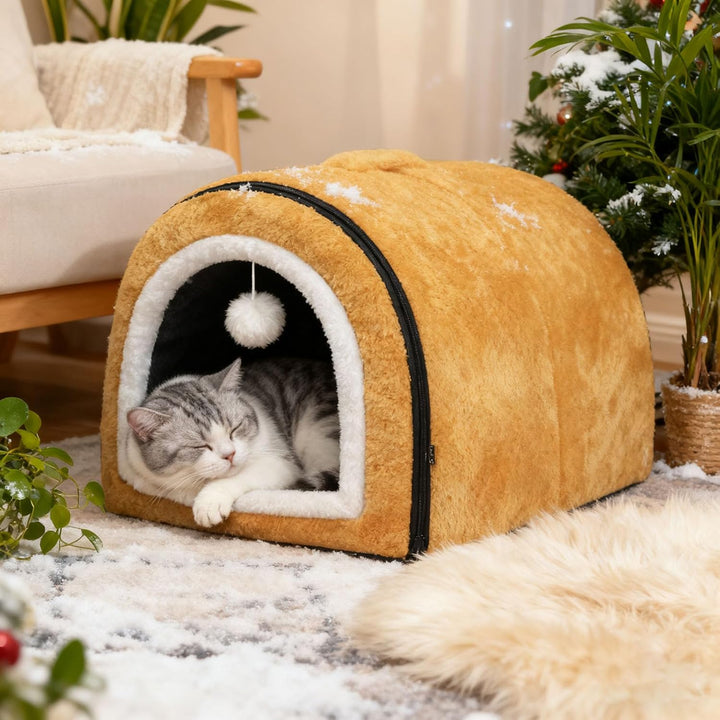 Beheiztes Katzenbett Katzenhöhle, Abnehmbare Halb-Umschliessende Nestform mit Gewölbtem Dach & Tempe