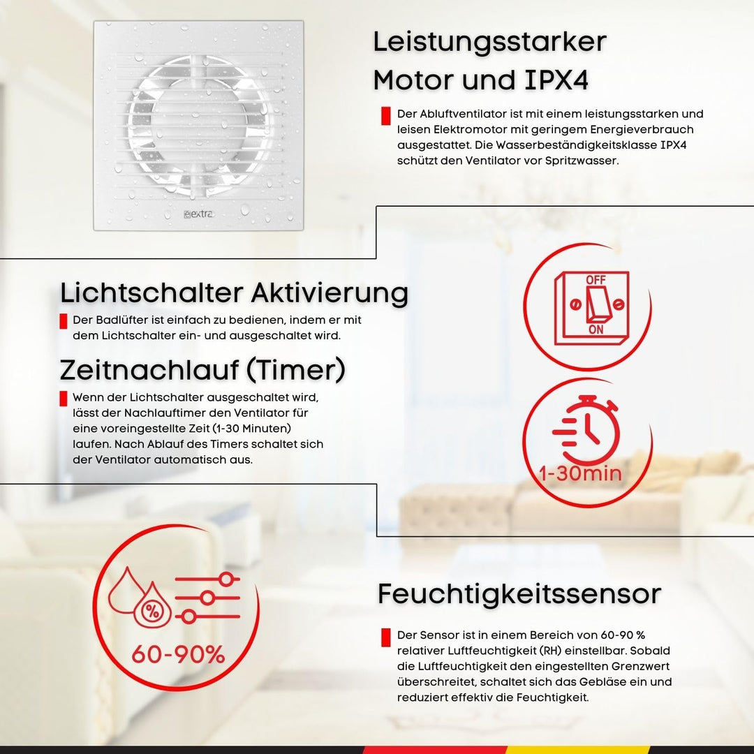 Steinberg14 Badlüfter Ø 100mm mit Feuchtigkeitssensor und Zeitnachlauf (Timer) - Weiss Ventilator Ø