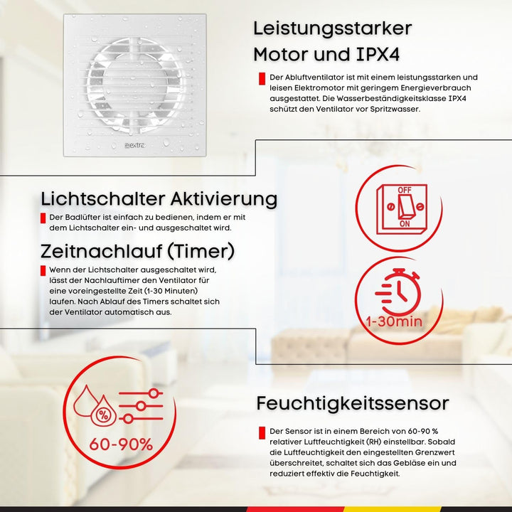 Steinberg14 Badlüfter Ø 100mm mit Feuchtigkeitssensor und Zeitnachlauf (Timer) - Weiss Ventilator Ø