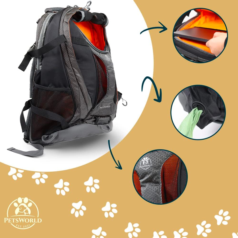PETSWORLD Hunderucksack | Für Hunde bis 10 kg | Inkl. Kotbeutelspender, Wassernapf und Laptopfach |