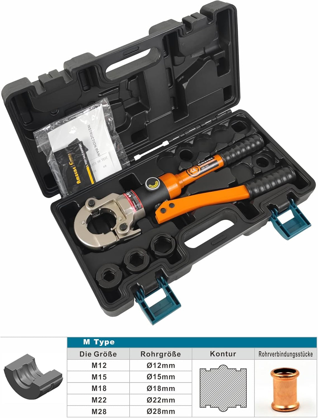 AMZCNC Profi Presszange M-Kontur 12-15-18-22-28 Set Presswerkzeug mit 360° drehbarem Kopf,für Kupfer