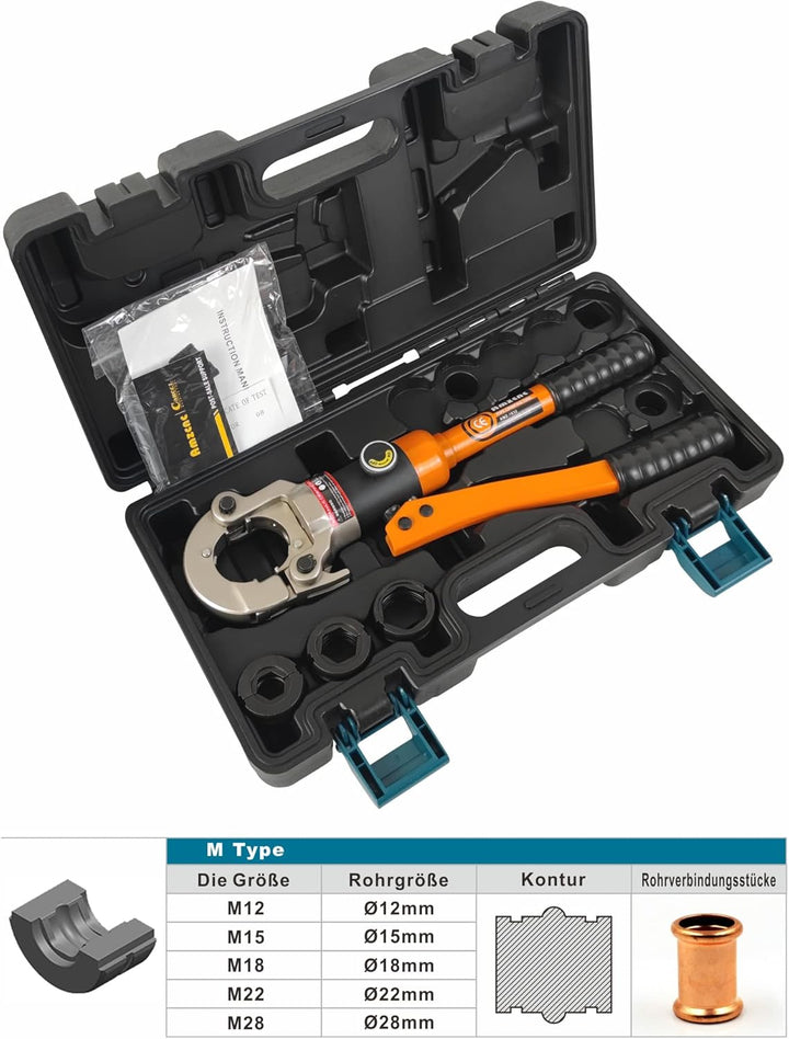 AMZCNC Profi Presszange M-Kontur 12-15-18-22-28 Set Presswerkzeug mit 360° drehbarem Kopf,für Kupfer