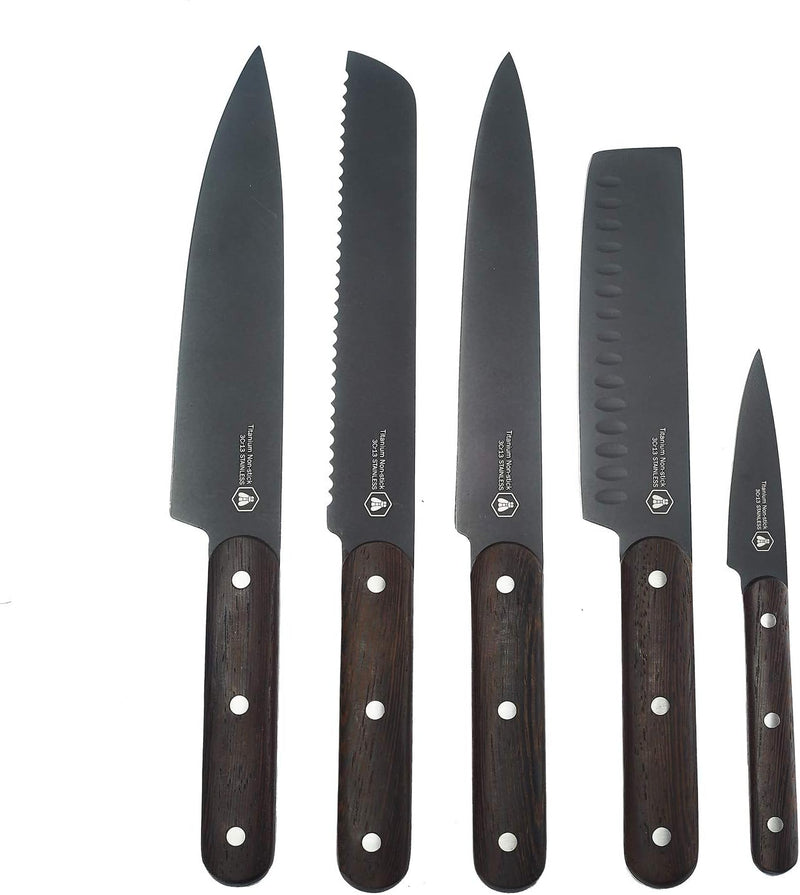 LAGUIOLE - Set mit 5 Küchenmessern - Schwarze Klinge - Hände aus Buchenholz - - mehrfarbig