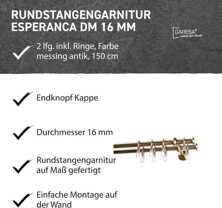Garesa Gardinenstange Esperanca Ø 16mm, 2-läufig, Messing, antik I Rustikale Vorhangstange inkl. Rin