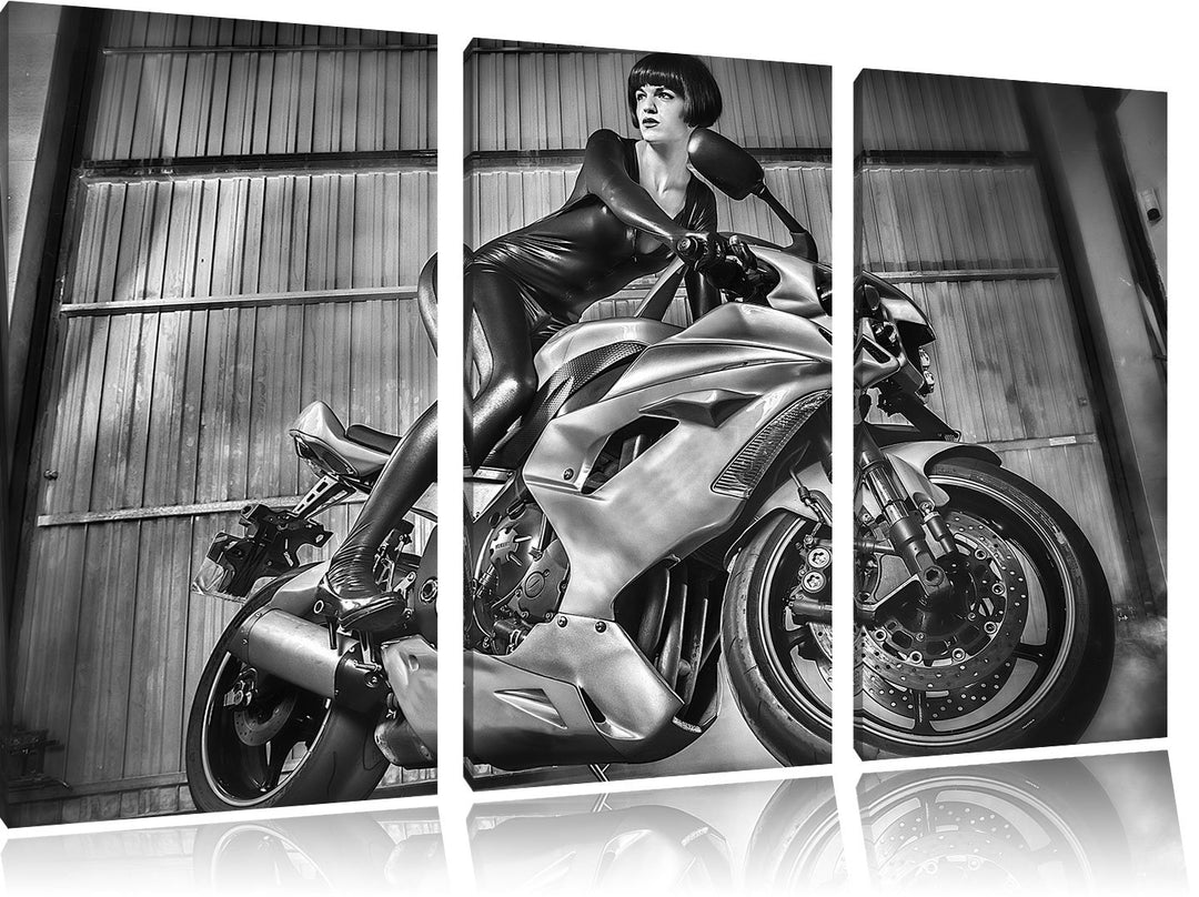 Pixxprint Sexy Neon grünes Bike mit Model 3Teiler 120x80 cm Leinwandbild Wandbild Kunstdruck