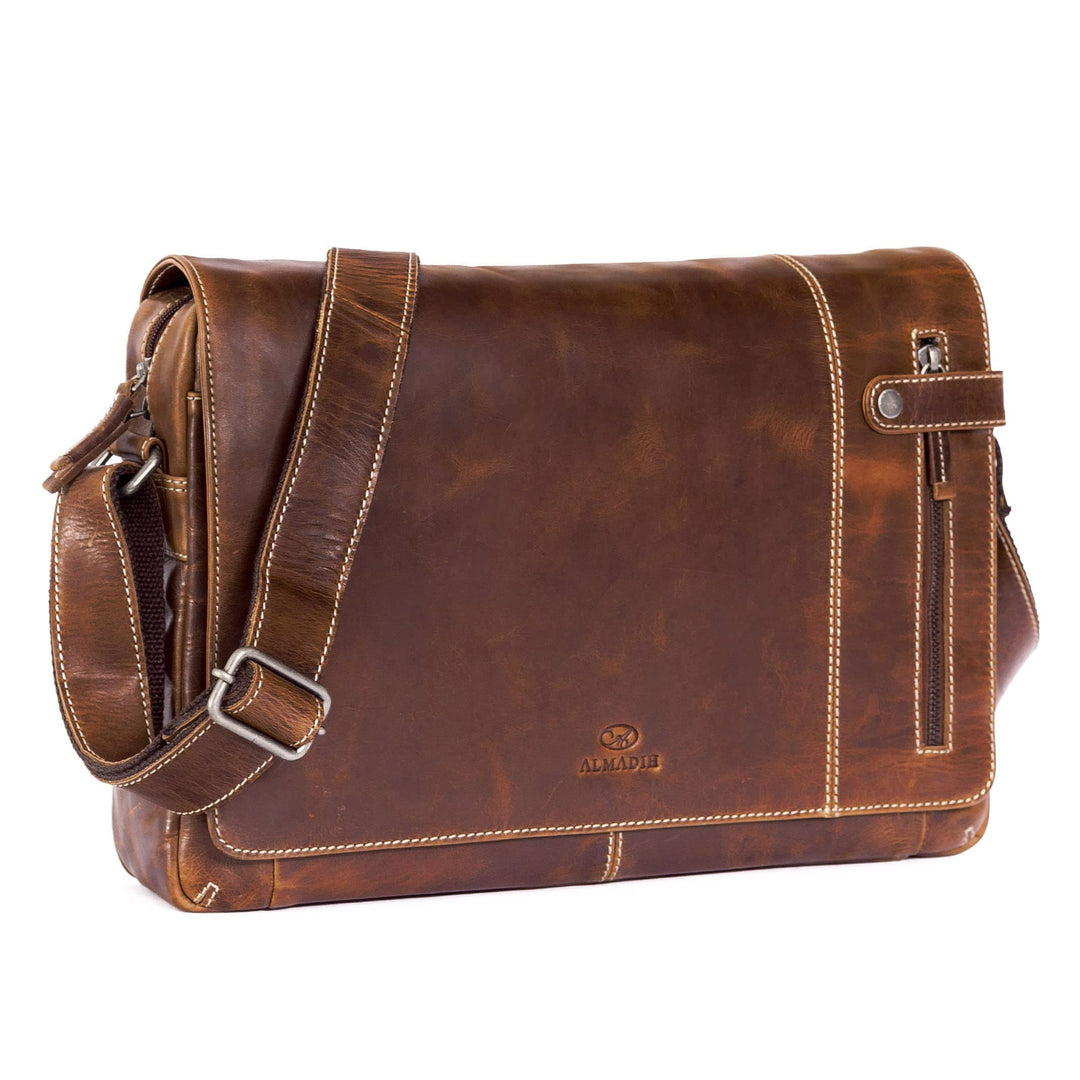 ALMADIH Leder Tasche Umhängetasche DYLAN Premium Rindsleder braun BD – Laptop Fach 15 Zoll Ledertasc