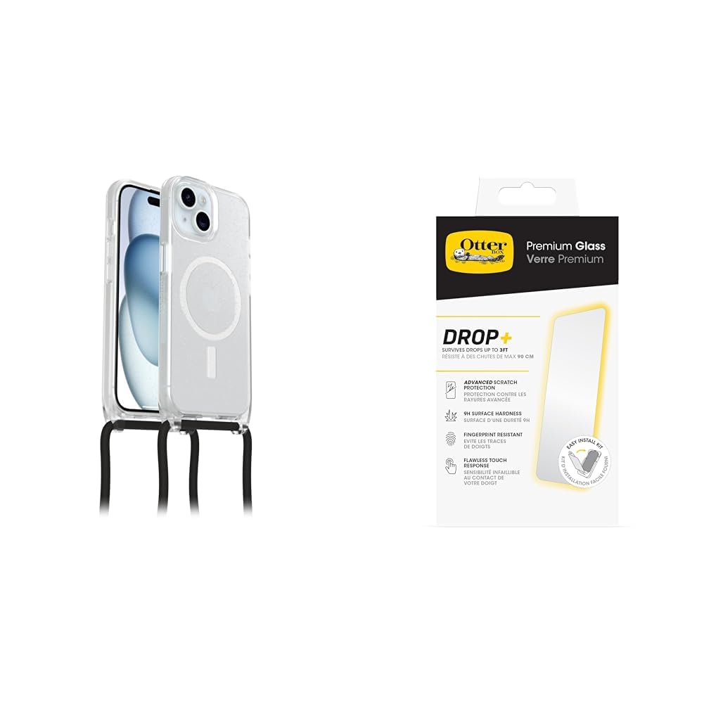 OtterBox React Necklace MagSafe Apple iPhone 15 Stardust - Clear - ProPack with Premium Tempered Gla