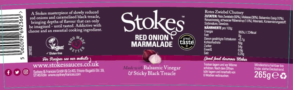 Stokes Red Onion Marmalade Süss-würzige rote Zwiebelmarmelade 1x 265g (Packung mit 2) Gewürze 265 g