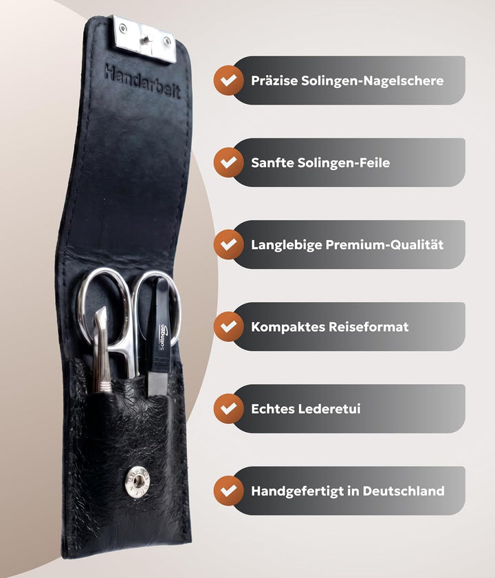 Solingen Echt Leder Maniküre Set 3 teilig - Schwarz - Maniküre Set Damen &amp; Herren, Leder LWG zertifi