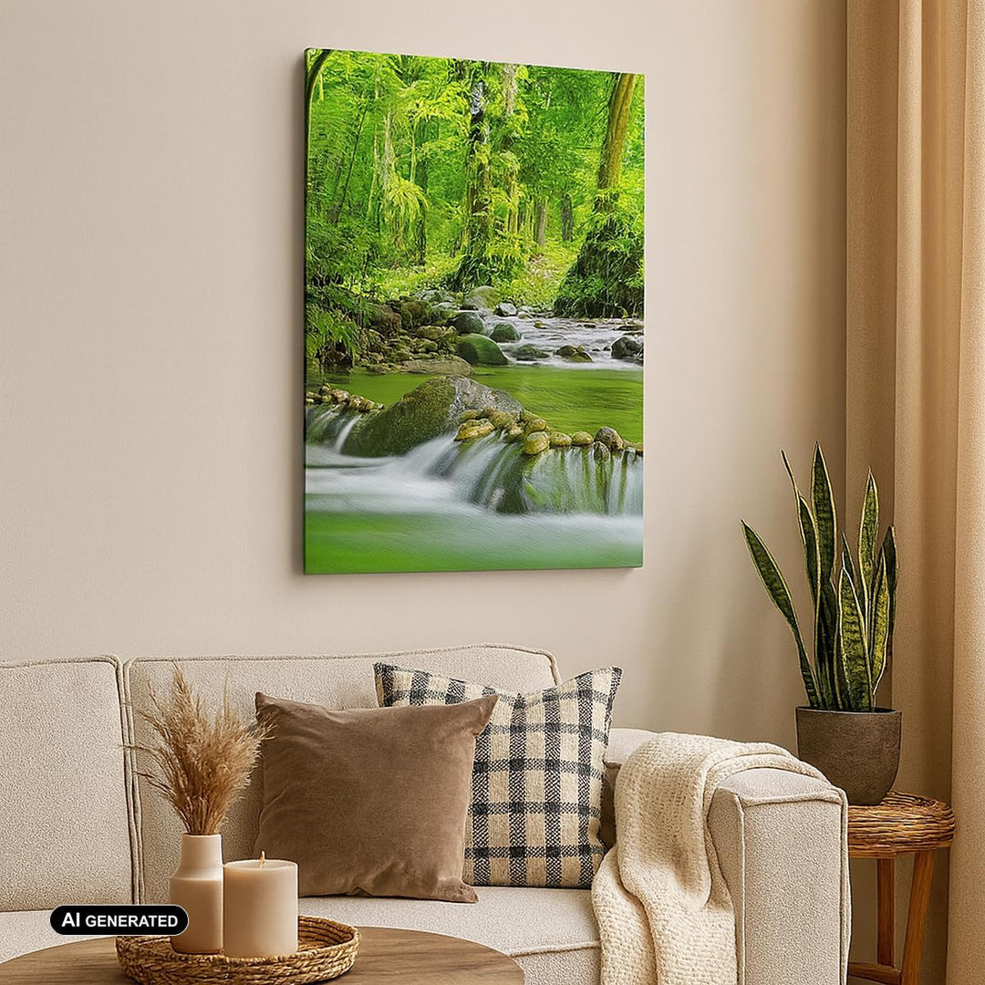 Bilder auf Leinwand 55x100cm Leinwandbild mit Rahmen Stream Wald Natur Gross Wanddeko Bild Schlafzim