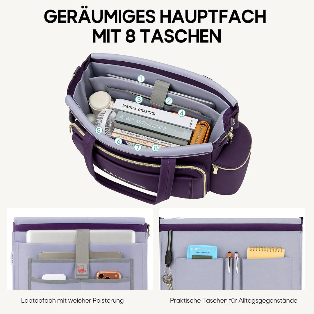 RAINSMORE Lehrertasche Damen Gross Laptoptasche, 15,6 Zoll, Lila | Arbeitstasche Isolierfach und Gro