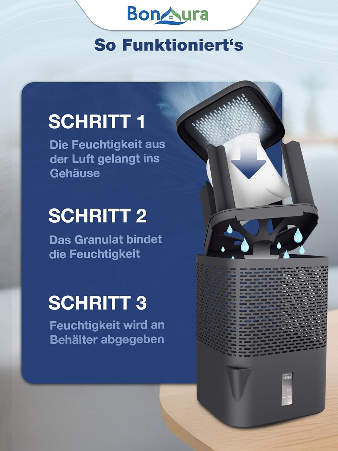 BonAura® AirOne Luftentfeuchter ohne Strom mit 360° Belüftung I Raumentfeuchter mit Ausgiesser & 680