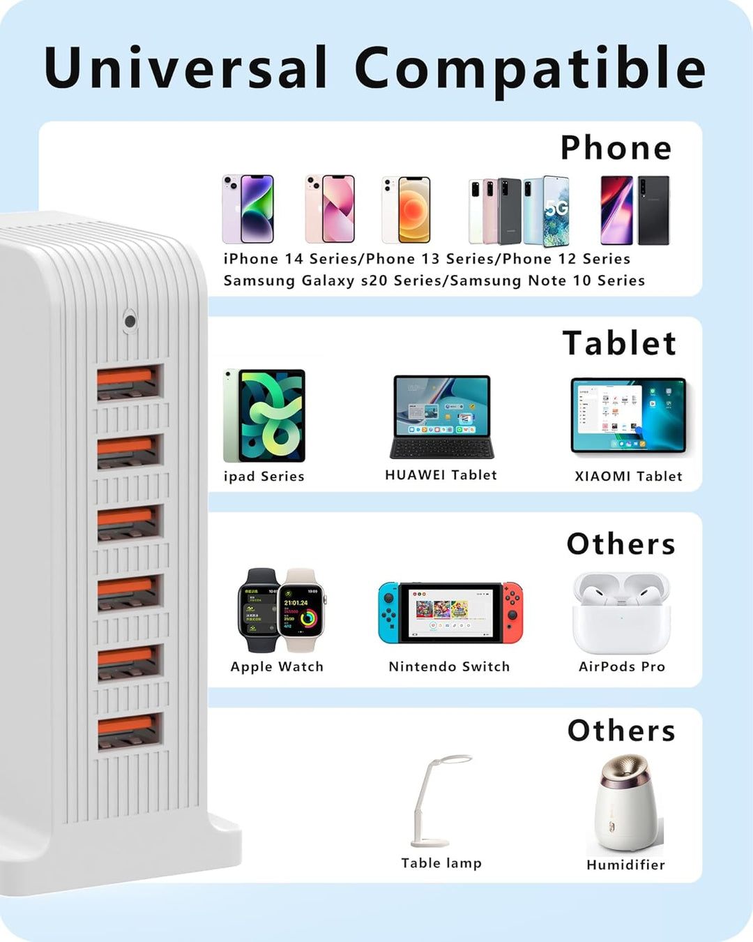 POANES 50W USB Ladegerät Mehrfach 6 Port USB Netzteile Handy Ladestation Weiss Steckdose für iPhone