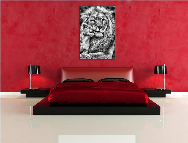 Pixxprint schöner Löwe mit Jungtier als Leinwandbild/Grösse: 100x70 / Wandbild/Kunstdruck/fertig bes