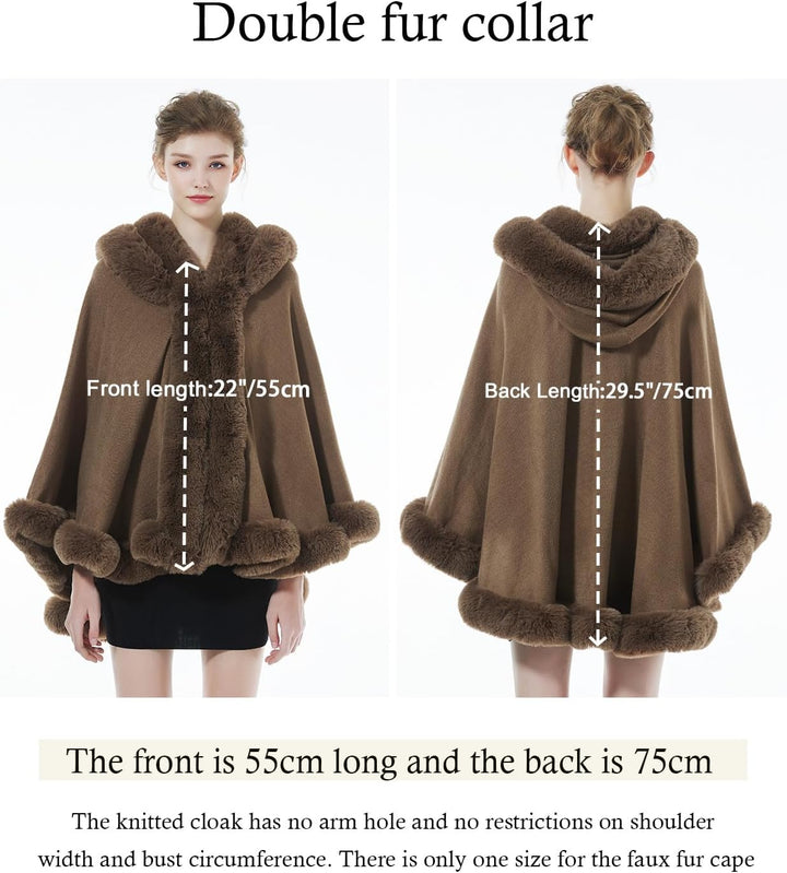 BEAUTELICATE Damen Kunstpelz Strick Poncho Cape Warm Umhang Gestrickt mit Kapuze Cardigan Brautjacke
