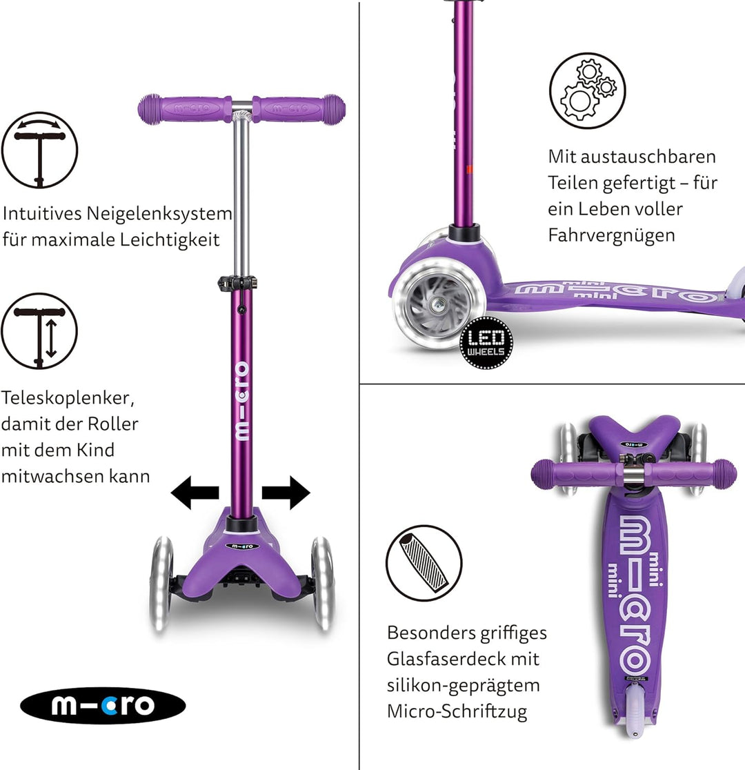 Micro Scooters | Mini Micro Deluxe LED Children's Scooter | Handlebar Adjustable | Light Up Wheels |