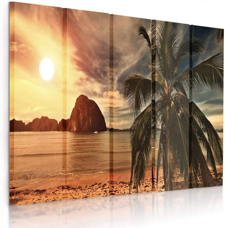 Feeby Frames, Leinwandbild Bilder Wand Bild - 5 Teile - Wandbilder Kunstdruck (PALME, SONNENUNTERGAN