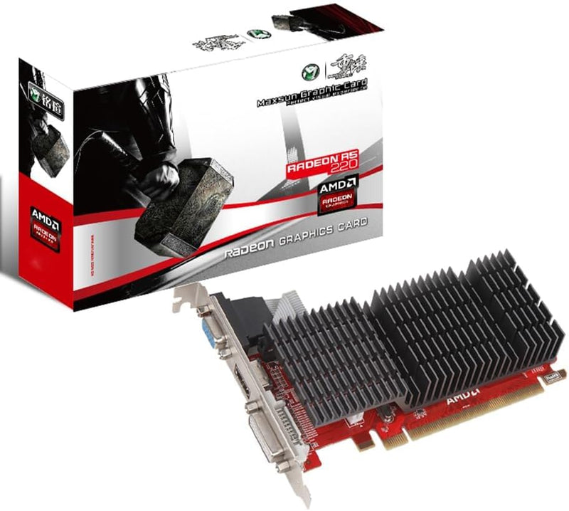 MAXSUN AMD Radeon R5 220 1GB Silent Grafikkarte (Passiv 0dB Kühlung, Low Profile DVI, VGA, HDMI 64 B