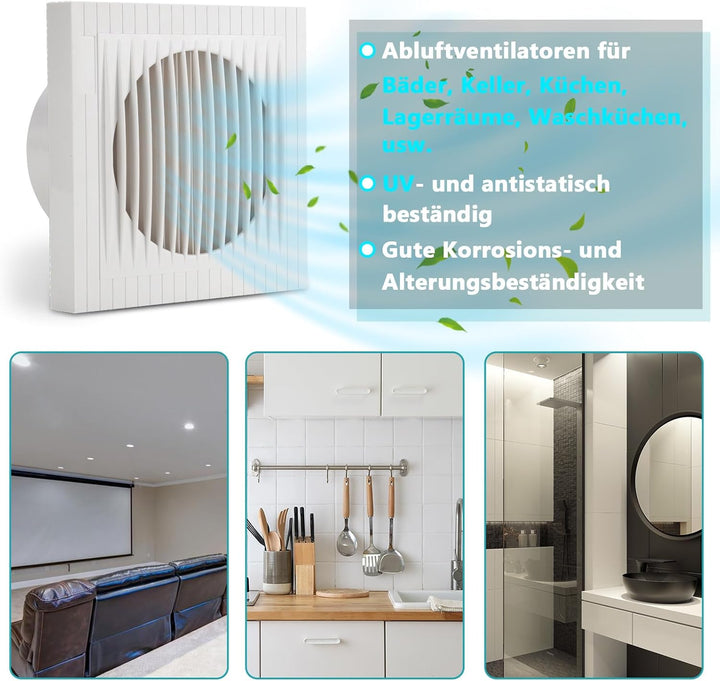 Badlüfter 100 mm – Leiser Abluftventilator für Bad, WC und Küche, mit Kupfermotor, 130 m³/h, gegen F