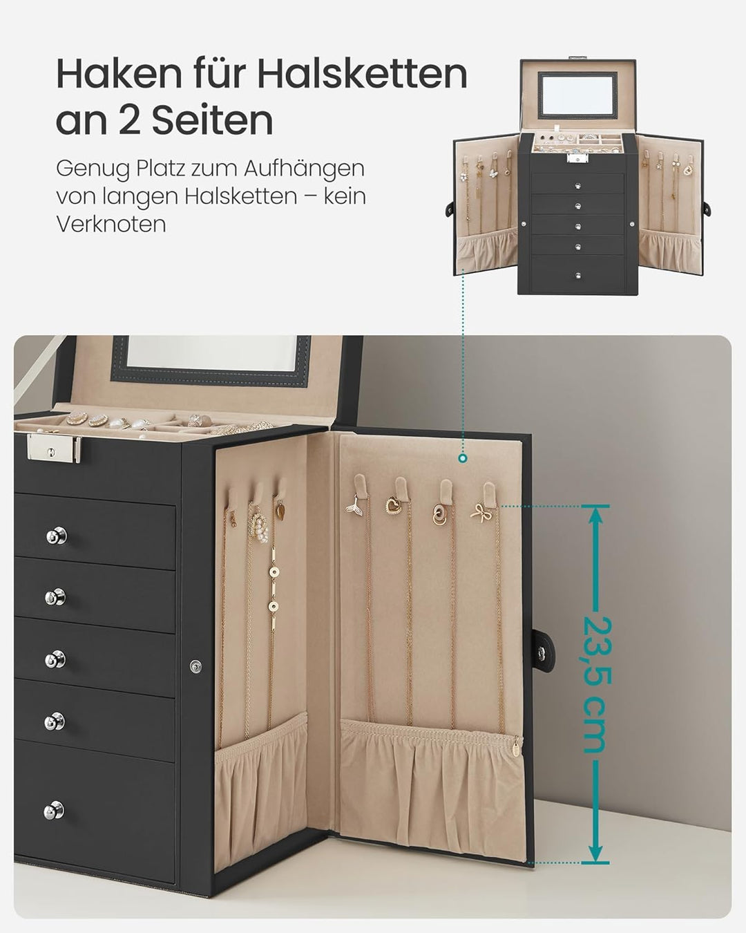 SONGMICS Schmuckkasten, grosse Schmuckschatulle mit 6 Ebenen, Schmuckkästchen mit seitlichen Klapptü